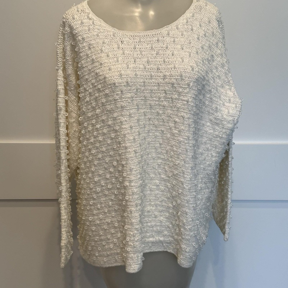 Vintage DKNY Women's Ivory Open Knit Embellished 100% Cotton Sweater Y2K Med